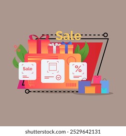 Buying presents in internet shop and paying by card vector illustration. Credit card, shopping bags, gift boxes. Shopping online, sale, seasonal discounts, holiday, payment concept for banner design