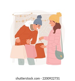 Buying presents isolated cartoon vector illustration. Smiling couple buying Christmas gifts on market together, xmas holiday preparation, choosing presents for friends vector cartoon.