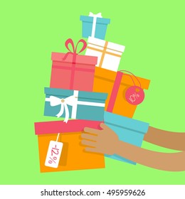 Buying presents on sale concept. Color gift boxes with discounts tags in human hands flat vector illustration on orange background. Black friday. Winter holidays. For seasonal sales and promotions