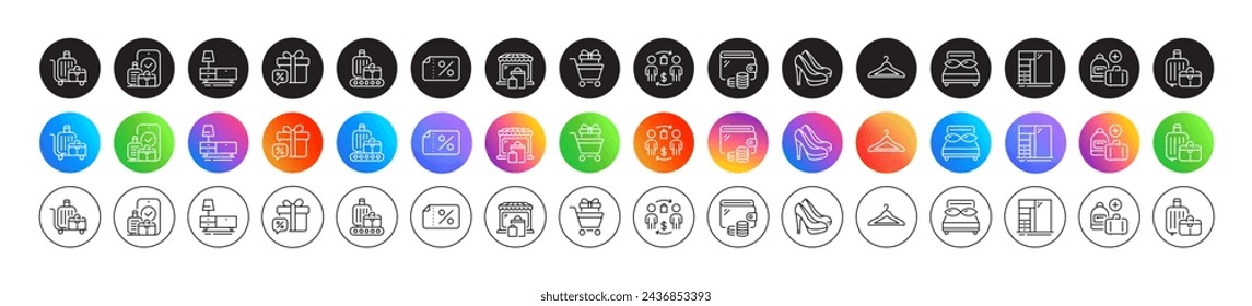 Buying process, Baggage and Baggage belt line icons. Round icon gradient buttons. Pack of Wallet, Market, Sale gift icon. Cupboard, Pillows, Add handbag pictogram. Vector