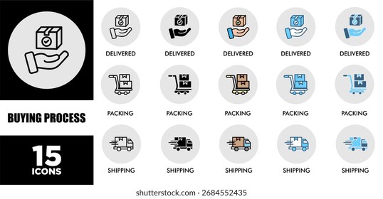 PROCESSO DE COMPRA conjunto de ícones com vários estilos e cores de desempenho de sustentabilidade corporativa para triagem de investimento