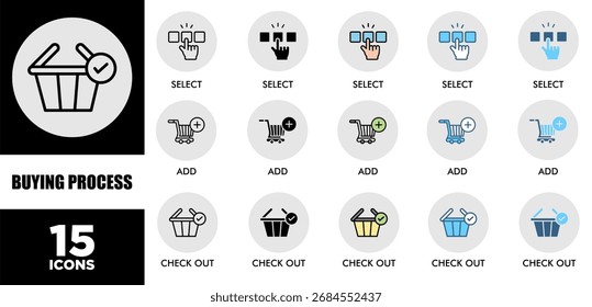 PROCESSO DE COMPRA conjunto de ícones com vários estilos e cores de desempenho de sustentabilidade corporativa para triagem de investimento