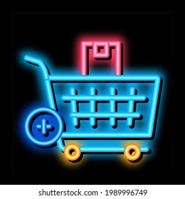 buying products and adding in market cart neon light sign vector. Glowing bright icon buying products and adding in market cart sign. transparent symbol illustration