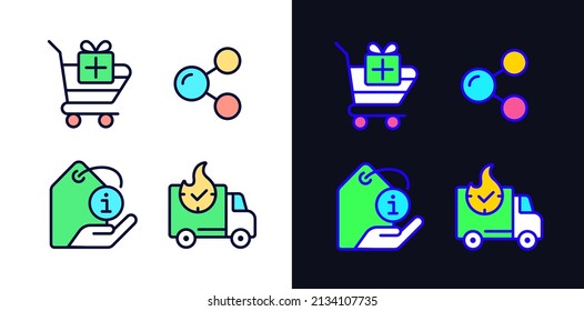 Compra de productos en píxeles de Internet juego de iconos de color de luz y de tema oscuro. Entrega rápida. Descripción del producto. Dibujos de línea simple rellenos. Clásicos luminosos en blanco y negro. Trazo editable