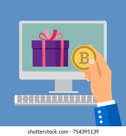 Buying products online by bitcoin. Businessman hand holding bitcoin, vector illustration