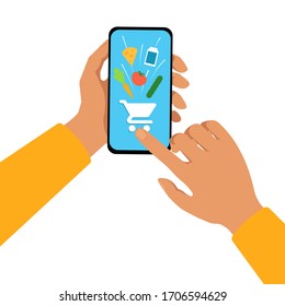 Buying products online. Contactless payment. Vector illustration