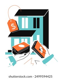 Buying a property - colorful flat design style illustration with linear elements. Orange and light blue picture with home for sale and bidding for it. Real estate, financial investment and sale idea