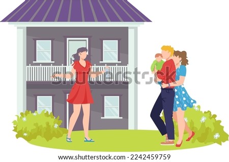 Buying property house real estate to young family vector illustration. Happy clients have bought house and receive keys to habitation. Successful business transaction