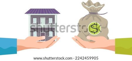 Buying property house real estate to young family vector illustration. Happy clients have bought house and receive keys to habitation. Successful business transaction