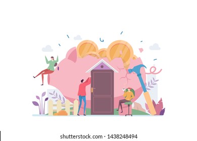 Buying Property Vector Illustration Concept Showing a piggy bank has been destroyed to buy house, Suitable for landing page, ui, web, App intro card, editorial, flyer, and banner