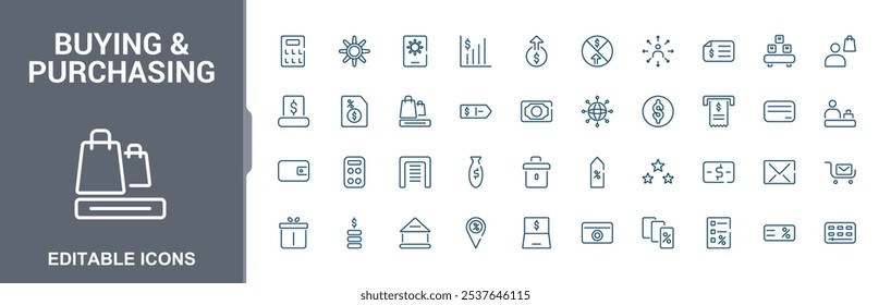 Buying and Purchasing icons set in line style. Containing cart, mall, shop, commerce, shopping, purchase, consumer, bag and more. Modern thin icons. Editable stroke.