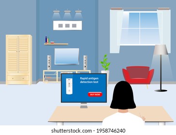 Buying rapid covid-19 tests concept vector. Woman is buying test by PC sitting in a home.