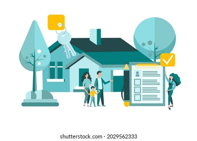 Buying real estate in a real estate agency. A young family signs a contract to buy a residential house of their own. Concept  vector illustration.