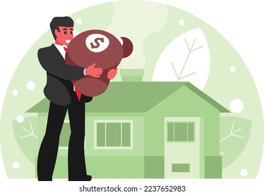 Buying real estate. A man brought a bag of banknotes to buy a house. A businessman holds a bag of money in his hands. Vector graphics