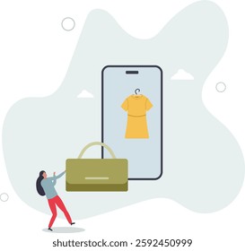 buying recycling eco friendly clothes and textile consciously. woman chooses dress and bag online.flat character life .