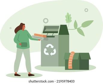 buying recycling textile and sorting old clothes in recycling can. Recycle and sustainable fashion concept. Flat cartoon vector illustration