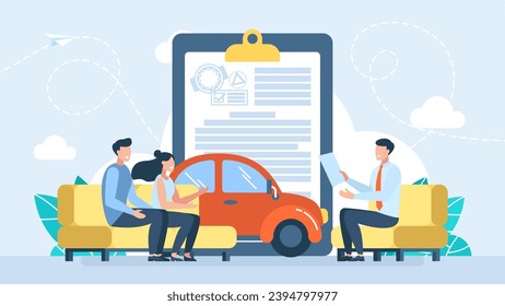 Comprar o alquilar un coche. Concepto abstracto del concesionario de coches. Elección de auto, compra de vehículo del distribuidor oficial, servicios de alquiler de transporte, contrato de firma, salón de ventas de automóviles. Ilustración del vector