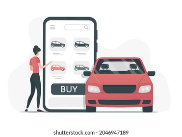 Comprando un coche en línea. Comercialización de coches. Ilustración vectorial plana de color. Aislado sobre fondo blanco.