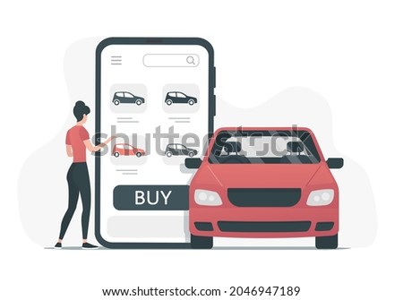 Buying renting a car online. Car dealership. Colored flat vector illustration. Isolated on white background.