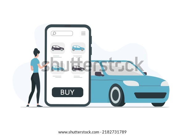 Buying\
renting a car online. Car dealership. Colored flat vector\
illustration. Isolated on white\
background.