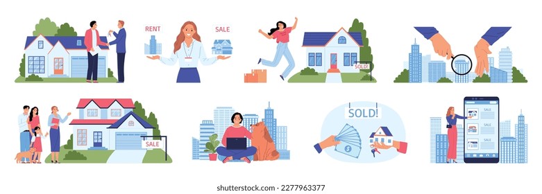 Buying and renting house real estate set with compositions of human characters cityscape buildings and gadgets vector illustration