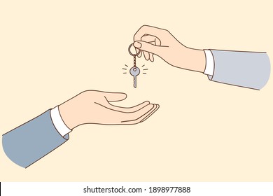 Buying renting and leasing accommodation concept. Hand of real estate agent giving keys of house flat to customer after signing contract in agency vector illustration