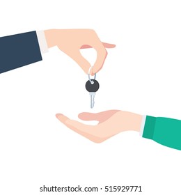 Buying or renting a new apartment or car. Hand giving keys. Vector illustration in trendy flat style, isolated on white background