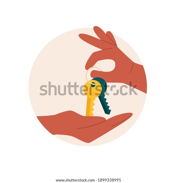 Buying or renting a new apartment, house or\
car. Black hand giving keys to customer on white isolated\
background. Mortgage, credit or property concept. Sale and rent of\
apartment. Vector\
illustration