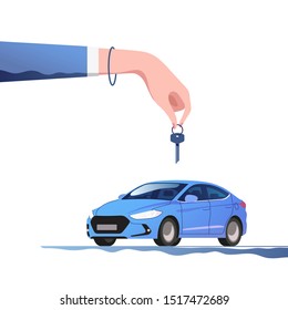 Buying or renting a new or used car. Dealer giving keys. Vector illustration.