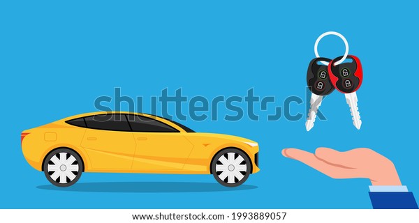 Buying or\
renting a new or used  car. Dealer giving keys chain to a buyer\
hand. Modern flat style vector\
illustration