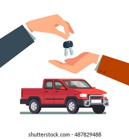 Buying Or Renting A New Or Used Pickup Truck. Car Dealer Giving Keychain To A Buyer Hand. Modern Flat Style Vector Illustration Isolated On White Background.