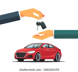 Buying Or Renting A New Or Used Red Car.  Dealer Giving Keys Chain To A Buyer Hand. Modern Flat Style Vector Illustration Isolated On White Background.