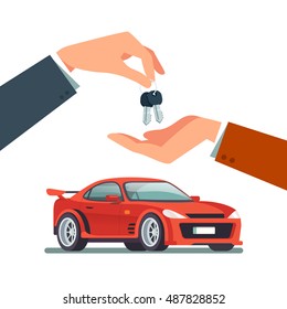 Buying or renting a new or used red and speedy sports car. Dealer giving keys chain to a buyer hand. Modern flat style vector illustration isolated on white background.