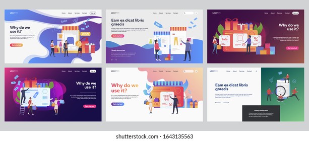 Buying at sale set. Customers shopping online, using gift cards, voucher, discount. Flat vector illustrations. Business, retail marketing concept for banner, website design or landing web page