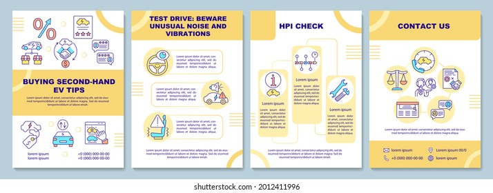 Buying second hand ev tips brochure template. Flyer, booklet, leaflet print, cover design with linear icons. Check. EV test drive. Vector layouts for presentation, annual reports, advertisement pages