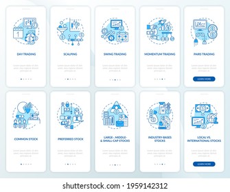 Buying, selling assets onboarding mobile app page screen with concepts set. Trade strategies, type walkthrough 5 steps graphic instructions. UI, UX, GUI vector template with linear color illustrations