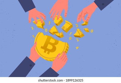 Buying and selling bitcoins, Hype in the cryptocurrency market, a frenzied demand for bitcoin, bullish sentiment, a successful investment. Big bitcoin coin in the hands of the miner.