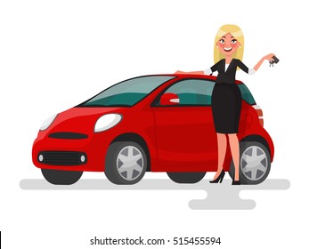 Buying Or Selling A Car. Blonde Woman Holding The Keys Near The Car. Vector Illustration In Cartoon Style