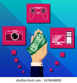 Buying and selling digital, video and computer equipment in a store, website, supermarket. Offer finance, credit and money for the purchase of digital equipment. Hands in business suits