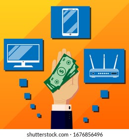 Kauf und Verkauf von Digital-, Video- und Computerausrüstung in einem Laden, Website, Supermarkt. Angebot von Finanzmitteln, Krediten und Geld für den Kauf von digitaler Ausrüstung. Hands-in-Business-Anzüge