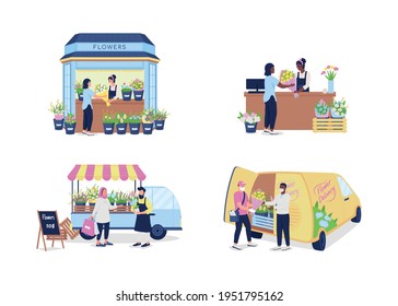 Buying and selling flowers flat color vector detailed character set. Floral gift shop, delivery service. Bouquet kiosk isolated cartoon illustration for web graphic design and animation collection