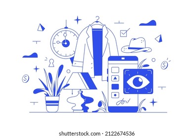 Buying and selling goods online, searching things vector illustration. New life of old things linear concept. Smartphone with open app on screen