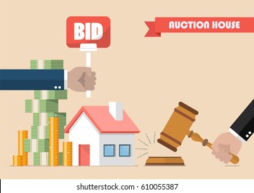 Buying Selling House From Auction. Vector Illustration