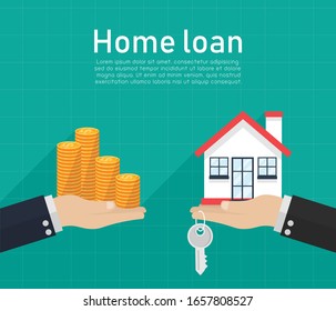 Buying and selling a house loan. long shadow on blue background. Real estate concept. Mortgage and payment of taxes. businessman hand and the customer exchanging money with the house key.