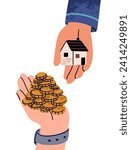 Buying and selling house, paying with money. Real estate, property purchase, payment concept. Buyer, new owners hand giving cash for home. Flat vector illustration isolated on white background
