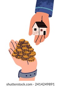 Buying and selling house, paying with money. Real estate, property purchase, payment concept. Buyer, new owners hand giving cash for home. Flat vector illustration isolated on white background