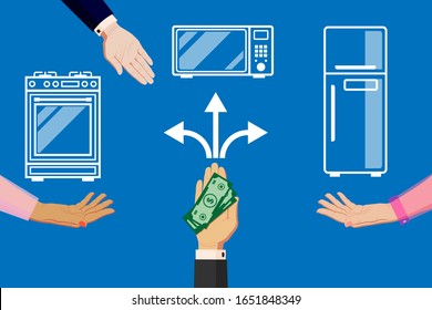 Buying and selling household appliances in a store, website, supermarket. Offer finance, credit and money for the purchase of household appliances. Horizontal orientation. Hands in business suits