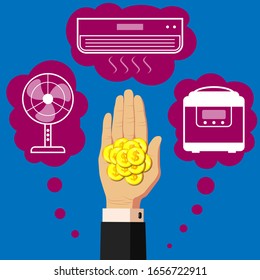 Buying and selling household appliances in a store, website, supermarket. Offer finance, credit and money for the purchase of household appliances. Square orientation. Hands in business suits