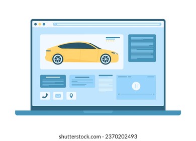 Compra y venta de ilustraciones vectoriales de servicio en línea de coches nuevos o usados. Portátil aislado portátil de sobremesa con sitio web de automóviles para que los clientes busquen, vendan o alquilen automóviles nuevos o usados