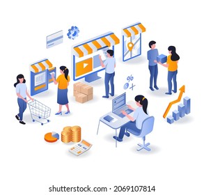 Buying and selling online and e-commerce in isometric illustration